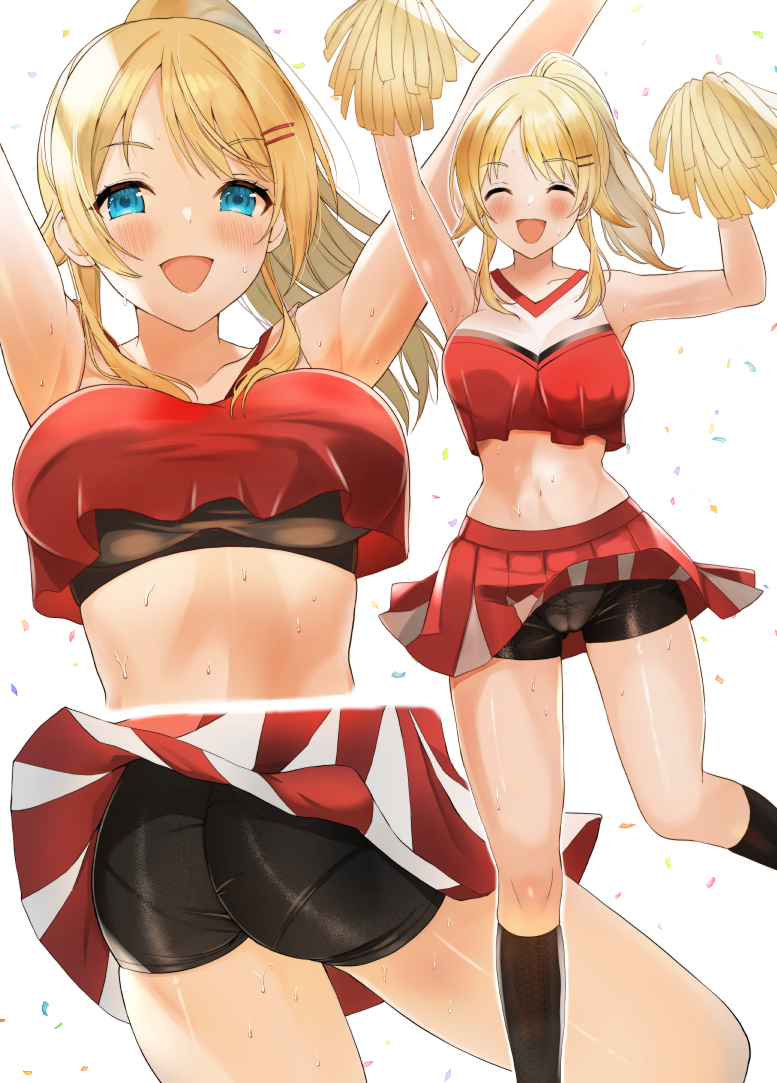 :d armpits arms_up bike_shorts blonde_hair blue_eyes breasts cameltoe cheerleader closed_eyes from_below hachimiya_meguru hair_ornament hairpin idolmaster idolmaster_shiny_colors kneehighs large_breasts midriff miniskirt multiple_views navel open_mouth pom_pom_(cheerleading) skirt smile socks sports_bra sweat upskirt yuko_(haruruyuco) |d