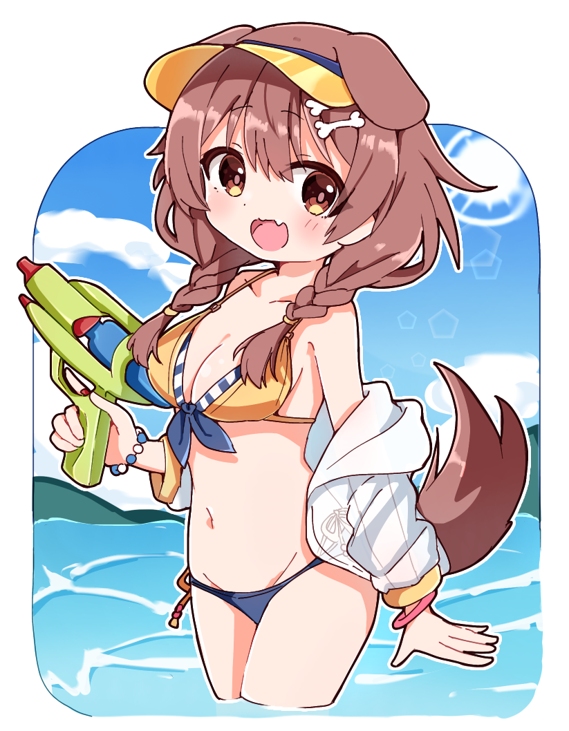 1girl :d alternate_costume animal_ears bikini blush bone_hair_ornament braid breasts brown_eyes brown_hair chibi cleavage dog_ears dog_girl dog_tail extra_ears fang hair_between_eyes hair_ornament hairclip holding holding_water_gun hololive inugami_korone jacket jacket_partially_removed long_hair looking_at_viewer low_twin_braids low_twintails open_mouth rabiiandrain skin_fang smile solo swimsuit tail trash_can twin_braids twintails virtual_youtuber water_gun white_jacket yellow_bikini