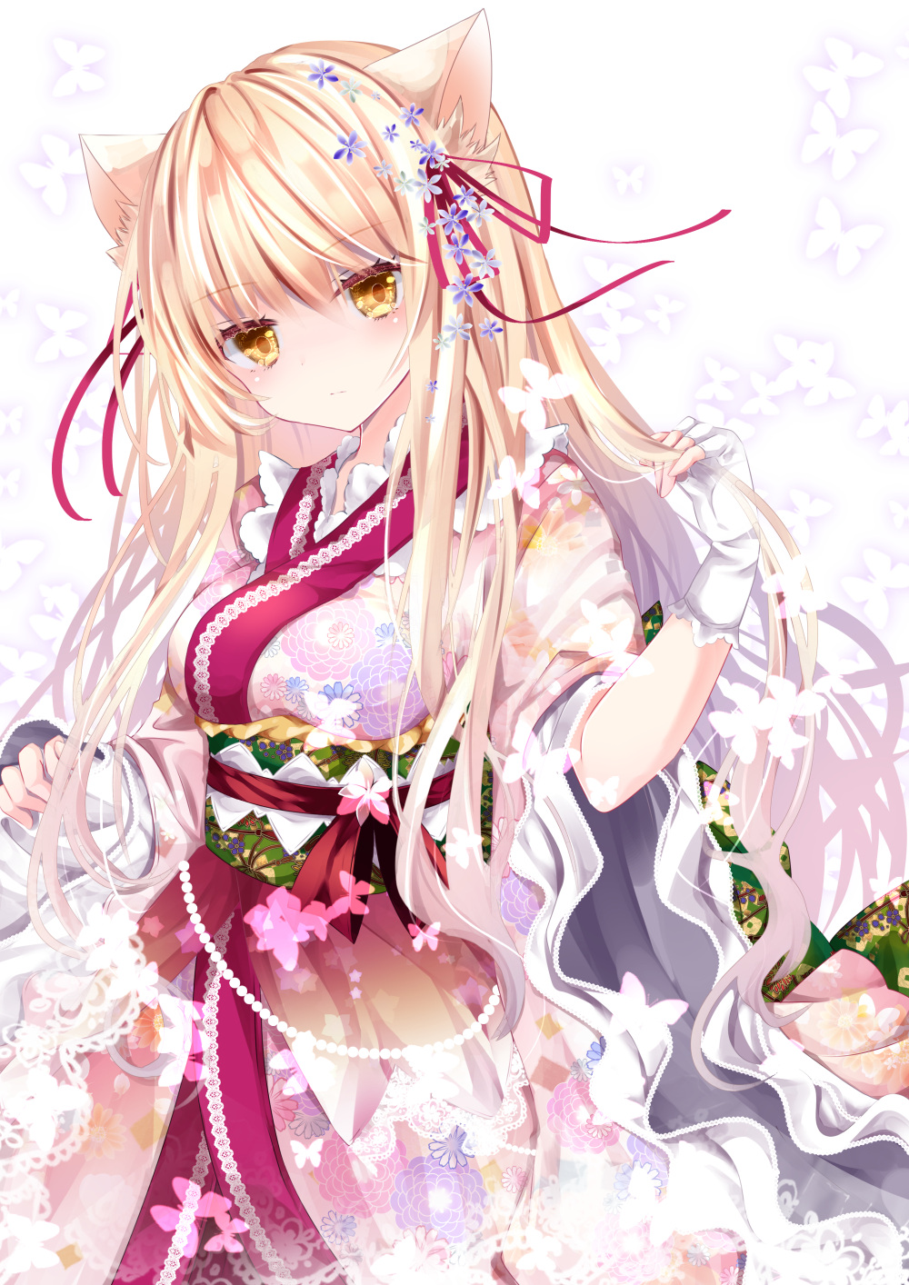 1girl animal animal_ear_fluff animal_ears blonde_hair blush breasts bug butterfly cat_ears closed_mouth commentary_request fingerless_gloves floral_print gloves hair_between_eyes head_tilt highres insect japanese_clothes kimono long_hair long_sleeves looking_at_viewer medium_breasts nanase_kureha nanase_nao obi original pinching_sleeves print_kimono sash sleeves_past_wrists solo very_long_hair white_background white_gloves white_kimono wide_sleeves yellow_eyes