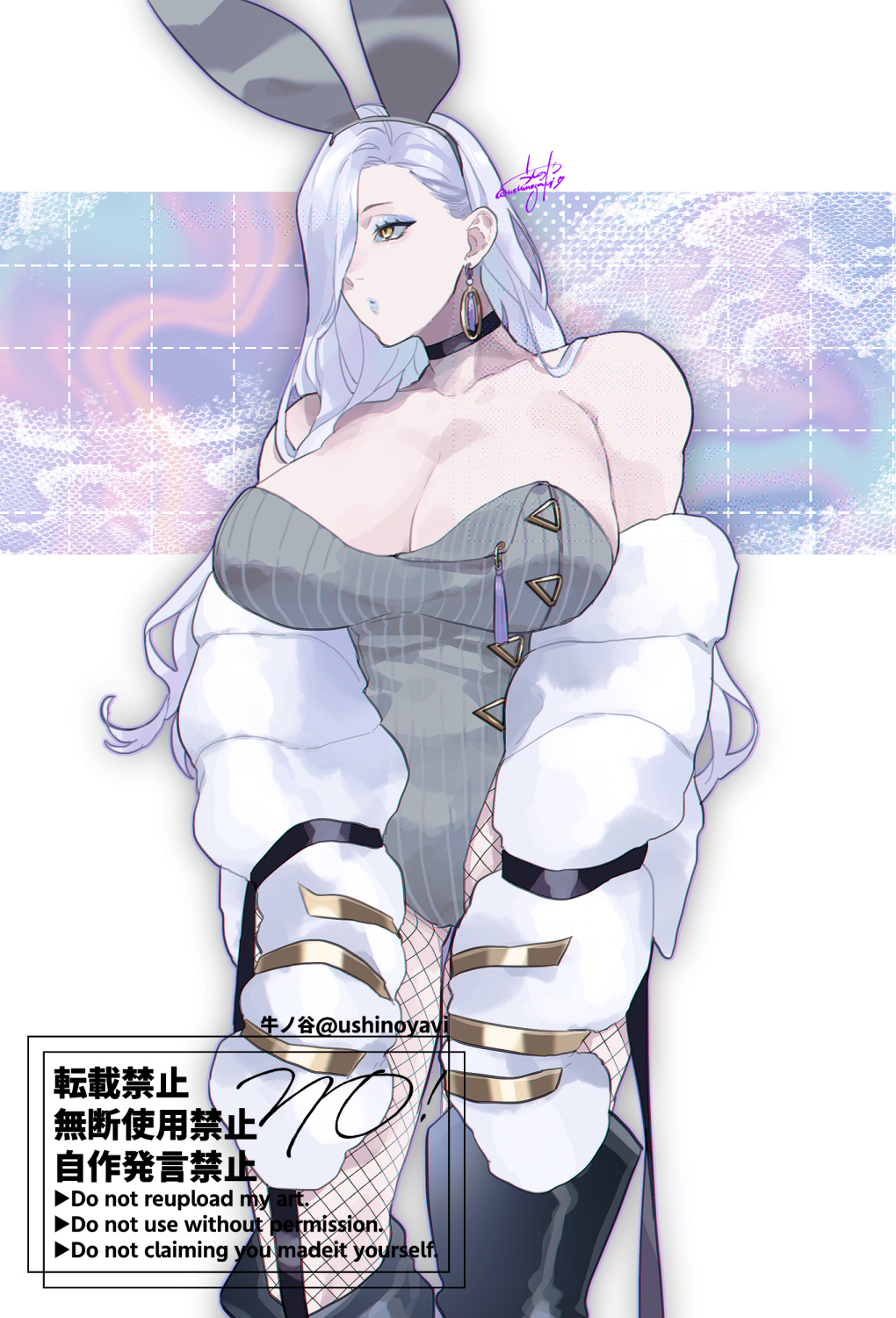 1girl animal_ears bare_shoulders blue_lips boots breasts choker dress earrings eyeliner fake_animal_ears fate/grand_order fate_(series) fishnet_pantyhose fishnets grey_leotard hair_over_one_eye highres hoop_earrings huge_breasts jacket jewelry leotard long_hair makeup mrs._snake_(fate) pantyhose playboy_bunny pout rabbit_ears ribbed_leotard solo strapless strapless_leotard sweater thigh_boots ushinoyavi white_hair white_jacket yellow_eyes