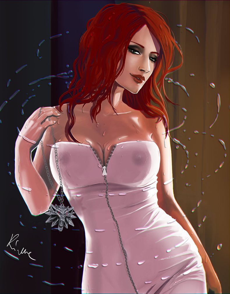 1girl bare_shoulders breasts cleavage dress female_focus green_eyes jewelry lipstick long_hair magic makeup medium_breasts necklace nipples red_hair see-through_clothes smile solo standing the_witcher_(series) the_witcher_3 triss_merigold water wet zipper