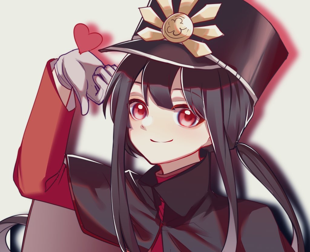 1boy black_cape black_hair cape crest drop_shadow family_crest fate/grand_order fate_(series) finger_heart floating_hair gloves hair_between_eyes hat heart high_collar jacket long_hair long_sleeves looking_at_viewer low_ponytail male_focus nemosk3o oda_nobukatsu_(fate) oda_uri ponytail red_eyes red_jacket shako_cap sidelocks simple_background smile solo split_mouth very_long_hair white_background white_gloves