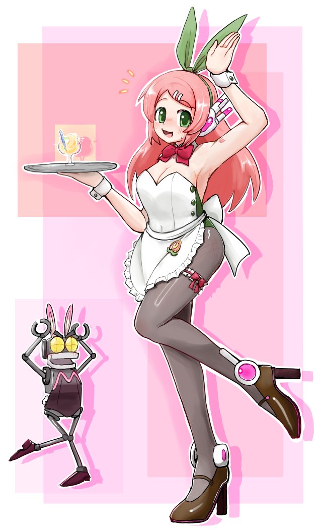 alternate_costume animal_ears apron black_pantyhose blush bow bowtie breasts cleavage green_leotard high_heels holding holding_plate leotard long_hair momone_momo nervous_smile pantyhose pink_hair plate playboy_bunny rabbit_ears robot robot_ears saruyama_ushirou smile utau