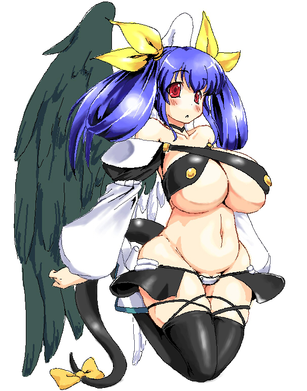 1girl :&lt; arc_system_works asymmetrical_wings bare_shoulders blue_hair blush boots breasts choker curvy detached_sleeves dizzy_(guilty_gear) feathers female_focus full_body guilty_gear high_heels hip_focus huge_breasts lute_(apocalypselibrary) navel oekaki pussy pussy_peek red_eyes ribbon shoes simple_background solo tail tail_ornament tail_ribbon thighhighs underboob wide_hips wings