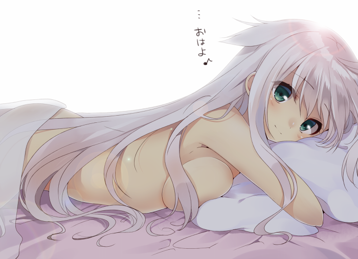 1girl afterglow anceril_sacred aqua_eyes bad_id bad_pixiv_id bed bed_sheet blush breast_press breasts female_focus hugging_object light_smile long_hair looking_at_viewer lying mishima_kurone naked_sheet nude on_stomach original pillow pillow_hug simple_background solo white_background white_hair