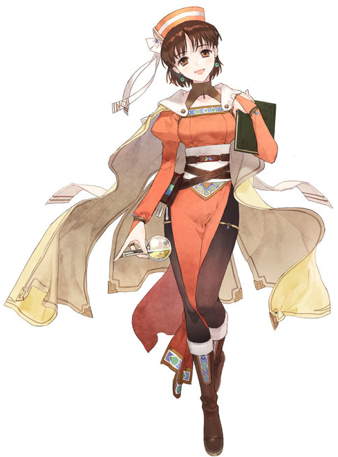 1girl :d atelier_(series) atelier_elie belt black_pantyhose book boots bridal_gauntlets brown_eyes brown_footwear brown_hair cape dress earrings elfir_traum female_focus full_body hat holding holding_book jewelry knee_boots looking_at_viewer nelke_to_densetsu_no_renkinjutsushi_tachi noco_(adamas) official_art open_mouth orange_dress orange_hat pantyhose short_hair smile solo standing white_cape