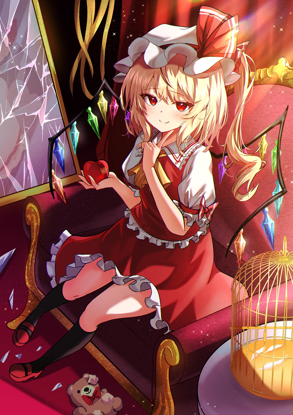 1girl apple ascot birdcage black_socks blonde_hair broken_glass cage crystal curtains embodiment_of_scarlet_devil feathers finger_to_own_chin flandre_scarlet food fruit glass hat hat_ribbon highres holding holding_food holding_fruit looking_at_viewer mob_cap multicolored_wings one_side_up painting_(object) puffy_short_sleeves puffy_sleeves red_carpet red_eyes red_footwear red_skirt red_vest renka_(cloudsaikou) ribbon short_sleeves side_ponytail sitting skirt skirt_set smile socks stuffed_animal stuffed_toy touhou vampire vest white_hat wings yellow_ascot