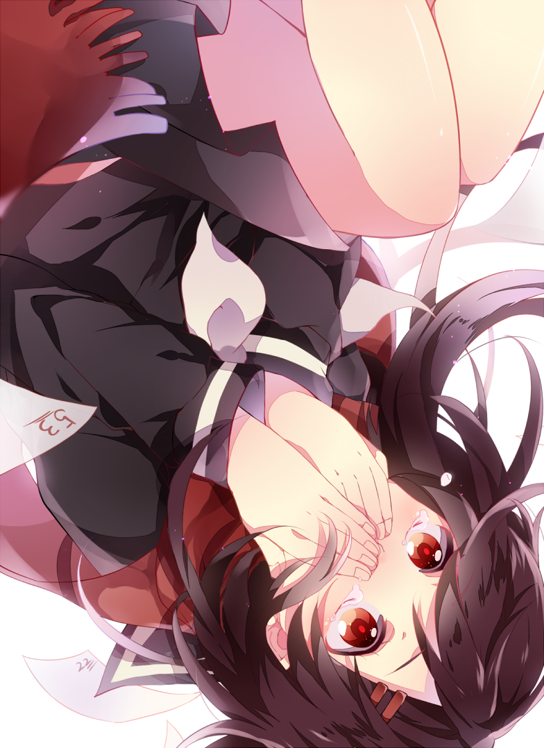 1girl bad_id bad_pixiv_id black_hair covering_own_mouth falling female_focus hair_ornament hairclip kagerou_project kuromiwa-38 long_hair paper red_eyes red_scarf scarf school_uniform solo tateyama_ayano tears upside-down