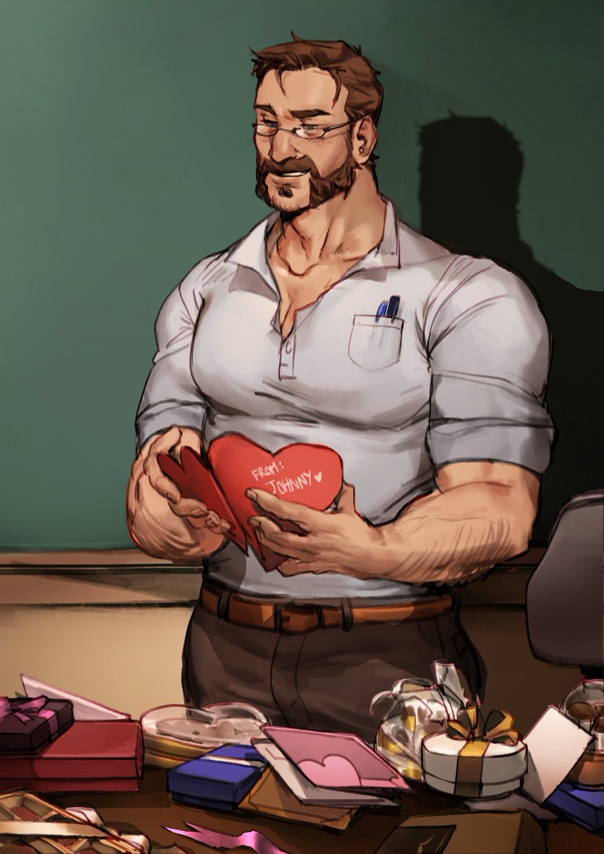 1boy arm_hair bara beard belt black_hair black_pants bluegiragi box box_of_chocolates brown_belt call_of_duty call_of_duty:_modern_warfare_2 captain_price chalkboard desk facial_hair glasses highres large_pectorals letter love_letter male_focus mature_male muscular muscular_male pants pectorals shirt short_hair smile solo teacher white_shirt