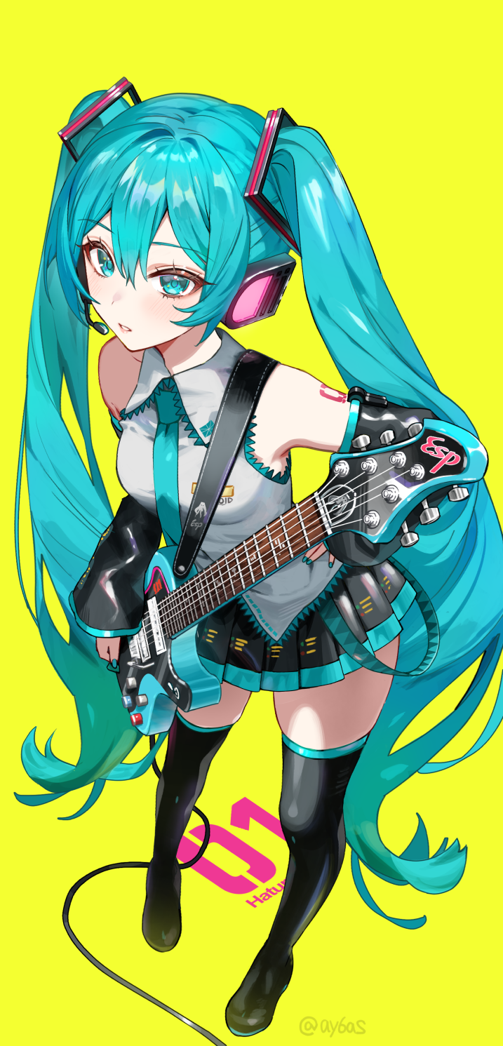 1girl aqua_eyes aqua_hair aqua_nails aqua_necktie aqua_trim arm_tattoo artist_name ay6as bare_shoulders black_footwear black_sleeves boots cable collared_shirt commentary detached_sleeves electric_guitar from_above full_body guitar guitar_strap hair_between_eyes hand_on_own_hip hatsune_miku headset highres holding holding_instrument instrument long_hair long_sleeves looking_at_viewer mixed-language_commentary necktie number_tattoo parted_lips pleated_skirt shirt skirt sleeveless sleeveless_shirt solo standing tattoo thigh_boots thighhighs twintails twitter_username very_long_hair vocaloid wide_sleeves yellow_background zettai_ryouiki