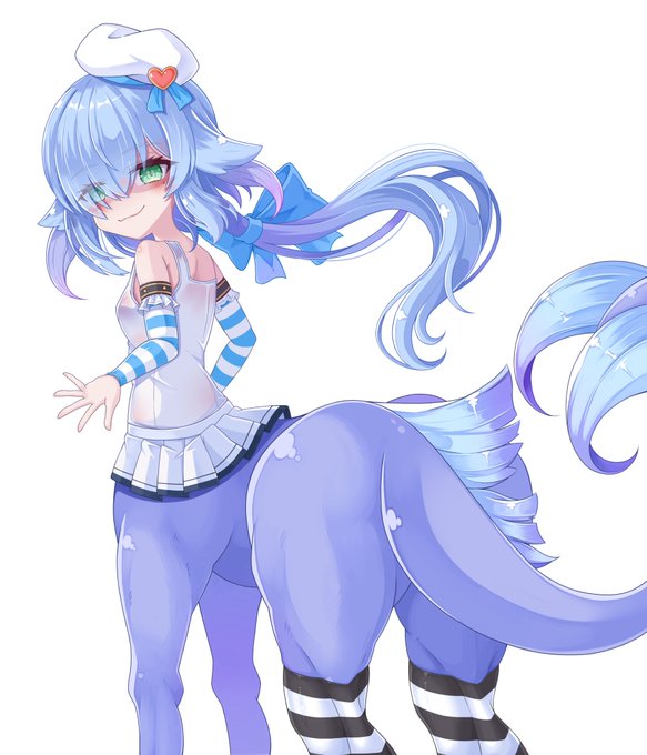 1girl animal_ears blue_hair blue_ribbon blue_skin centaur colored_skin detached_sleeves dress eyebrows_hidden_by_hair gradient_hair green_eyes hair_between_eyes hat heart horse_ears horse_tail kelpie kelpie_(monster_girl_encyclopedia) long_hair looking_at_viewer looking_back monster_girl monster_girl_encyclopedia multicolored_hair naughty_face non-web_source ponytail ribbon sailor_hat shirt smile socks sora_(sunday_sky) source_request striped_clothes striped_sleeves striped_socks tail taur thick_thighs thighs white_background white_dress white_shirt