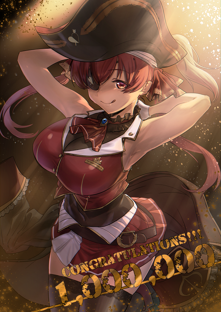 1girl :q armpits black_thighhighs breasts cleavage eyepatch hat hololive houshou_marine large_breasts long_hair milestone_celebration nori_(artist) original raised_eyebrow red_eyes red_hair red_skirt see-through_clothes see-through_cleavage skirt smile solo thighhighs tongue tongue_out twintails virtual_youtuber