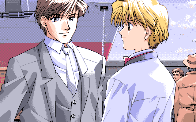 2boys 2others blonde_hair blue_jacket brown_hair collared_shirt fedora formal formal_clothes game_cg grey_jacket grey_suit grey_vest hat jacket looking_at_another multiple_boys multiple_others necktie outdoors pc-98_(style) profile ship shirt short_hair suit sunlight vest watercraft