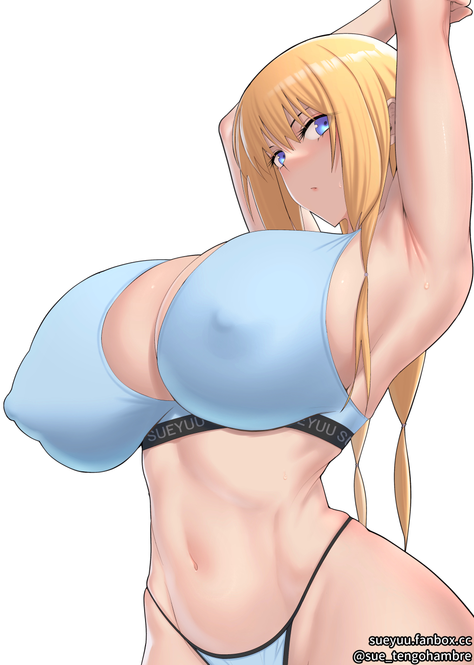 1girl armpits arms_up bad_id bad_pixiv_id blonde_hair blue_eyes breasts cleavage highleg highleg_panties highres huge_breasts large_breasts long_hair looking_at_viewer low-tied_long_hair navel original panties solo sports_bra sueyuu underwear