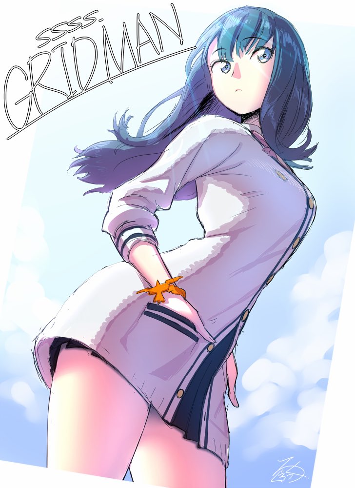 1girl black_hair black_skirt blue_eyes bow bowtie breasts cardigan closed_mouth cloud copyright_name gridman_universe long_hair orange_scrunchie pleated_skirt red_bow red_bowtie rog_rockbe school_uniform scrunchie skirt solo ssss.gridman straight_hair takarada_rikka white_cardigan wrist_scrunchie