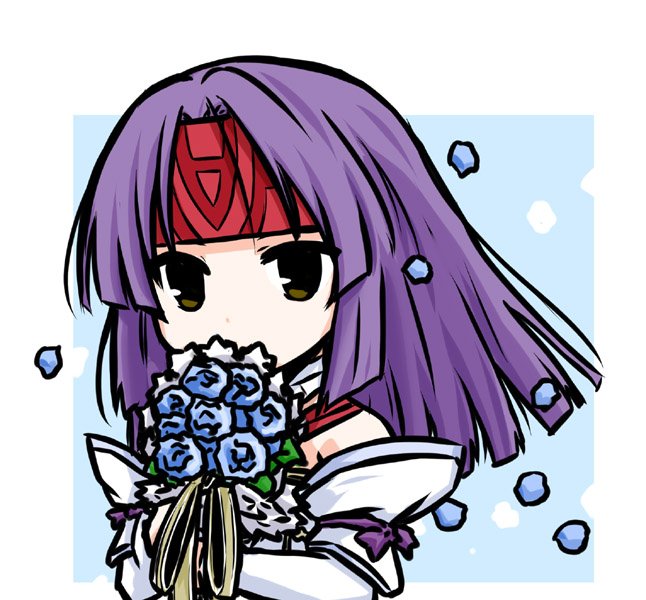 1girl alternate_costume blue_flower bouquet dress fire_emblem fire_emblem:_path_of_radiance fire_emblem_heroes flower headband holding holding_bouquet long_sleeves medium_hair nintendo petals purple_hair purple_ribbon red_headband ribbon sanaki_kirsch_altina solo tenmaru upper_body wedding_dress white_dress