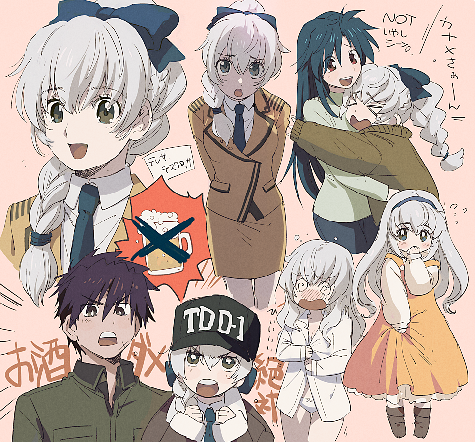 &gt;_&lt; 1boy 2girls @_@ aged_down aoki_(fumomo) baseball_cap beer_mug blazer blue_hair blush bow braid breasts brown_hair chidori_kaname collared_shirt cup dress embarrassed flustered full_metal_panic! green_eyes hair_between_eyes hair_bow hair_down hat hug jacket long_hair military military_uniform miniskirt mug multiple_girls multiple_views necktie open_mouth orange_dress panties pants pink_background ponytail red_eyes sagara_sousuke shirt short_hair silver_hair simple_background skirt small_breasts spiked_hair sweatdrop sweater teletha_testarossa unbuttoned unbuttoned_shirt underwear white_panties