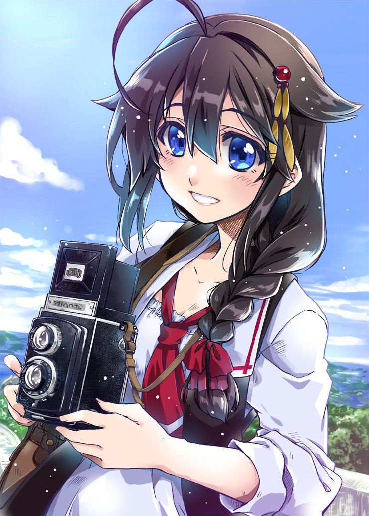 1girl black_hair black_vest blue_eyes blue_sky braid camera cloud day hair_flaps hair_ornament hair_over_shoulder kantai_collection neckerchief official_alternate_costume outdoors parted_lips red_neckerchief shigure_(kancolle) shigure_kai_ni_(kancolle) shirt single_braid sky smile solo takana_shinno upper_body vest white_shirt