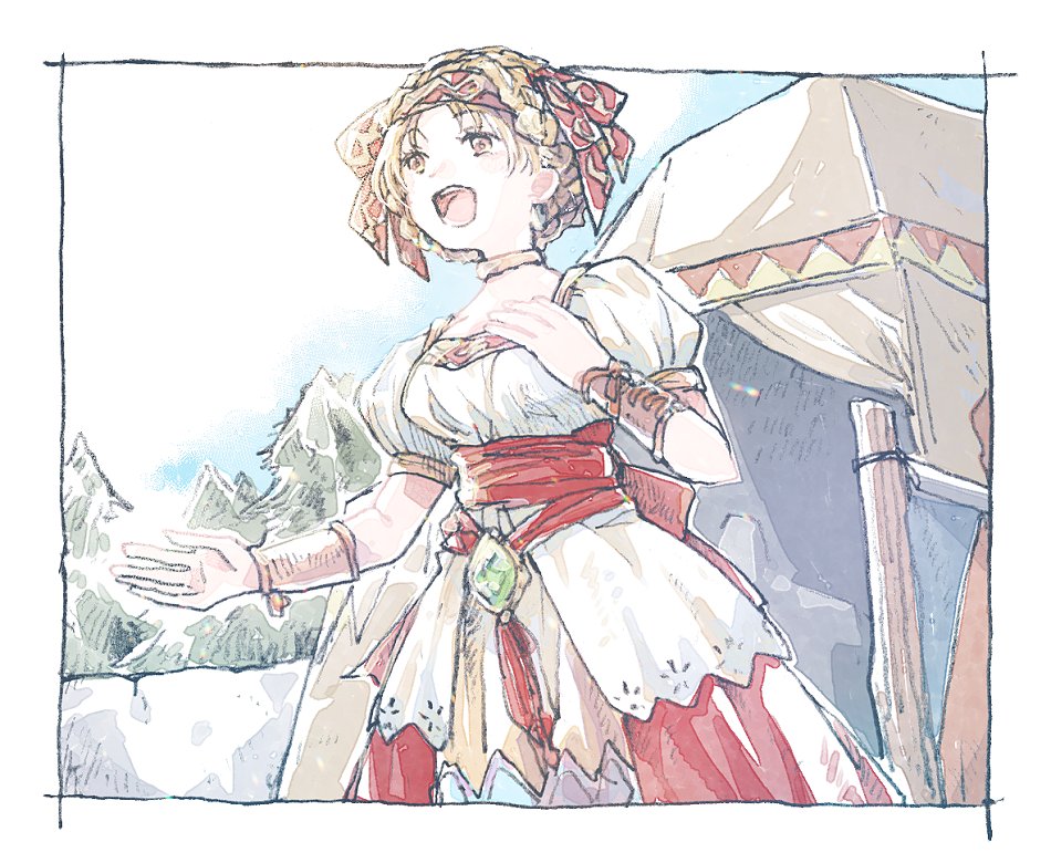 1girl blonde_hair braid crown_braid dress elena_(grandia) grandia grandia_ii headband michibata_65 music open_mouth short_hair singing solo tent tree white_dress