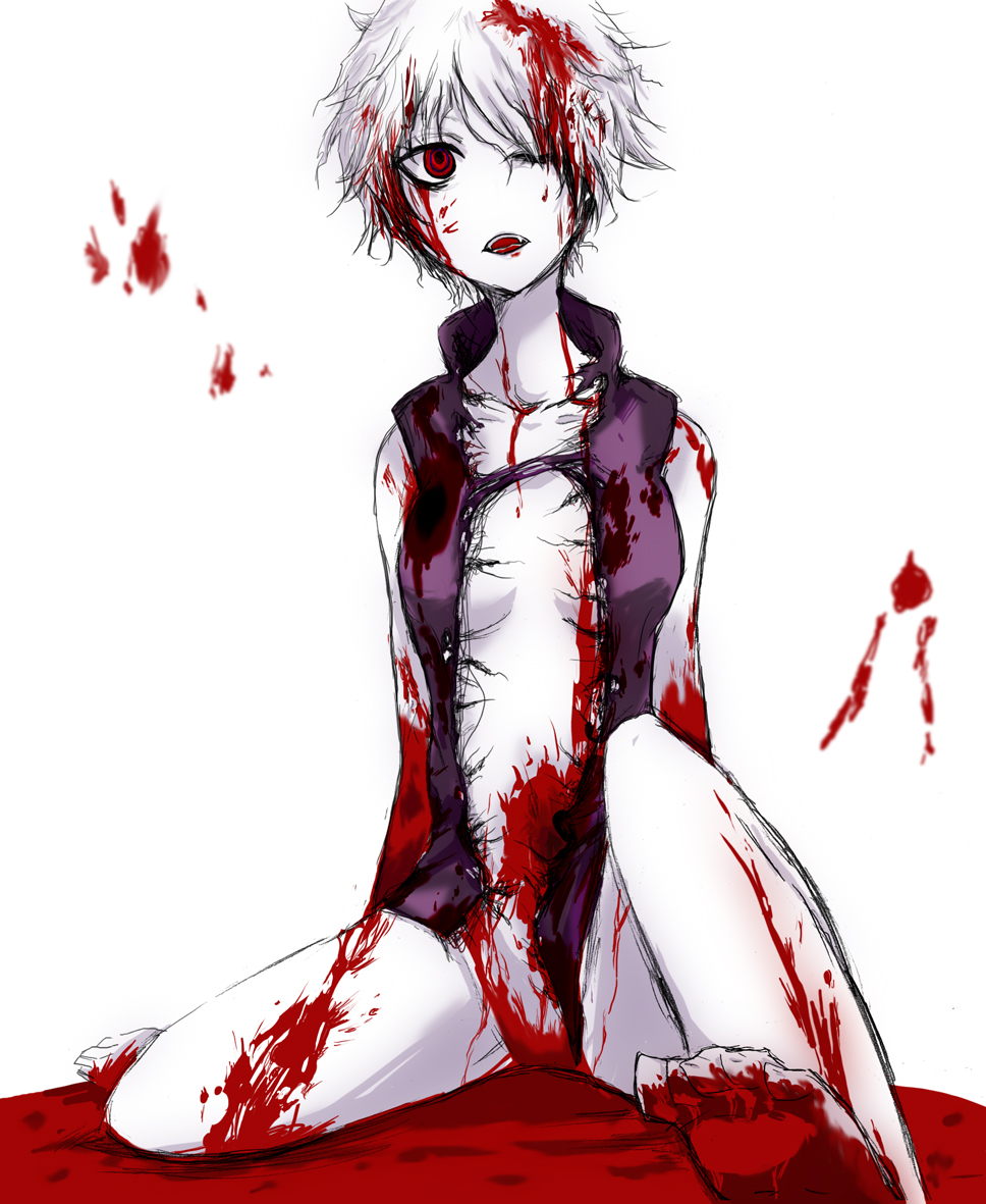 .flow 1girl barefoot blood breasts expressionless female_focus full_body looking_at_viewer medium_breasts one_eye_closed open_mouth red_eyes sabitsuki short_hair simple_background sitting solo torn_clothes white_hair wince