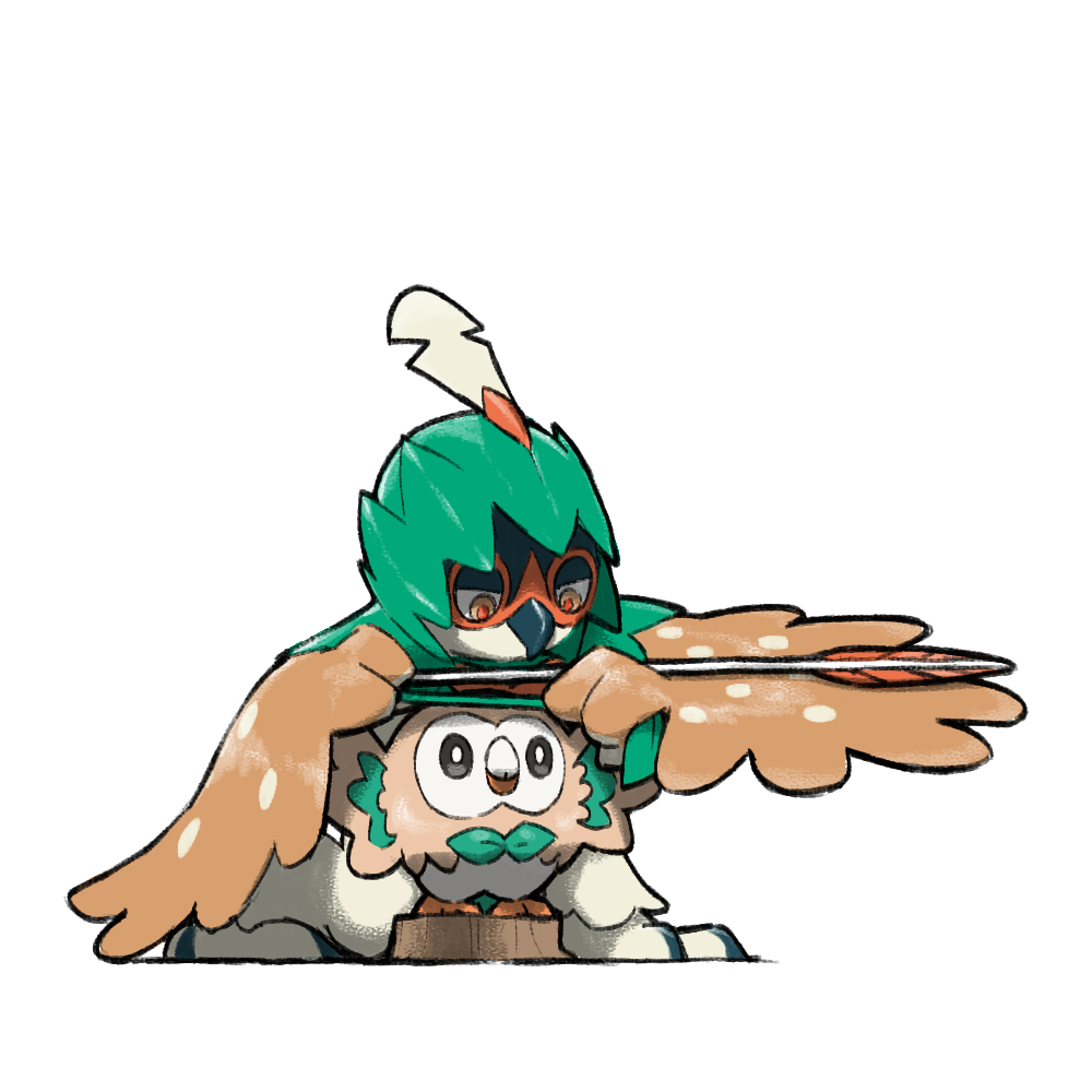 animal_focus arrow_(projectile) blacknirrow closed_mouth creatures_(company) decidueye game_freak gen_7_pokemon nintendo no_humans orange_pupils pokemon pokemon_(creature) rowlet simple_background tree_stump white_background yellow_eyes