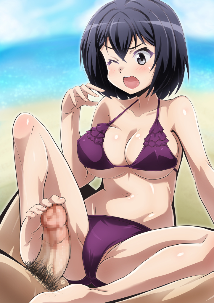 10s 1boy 1girl barefoot beach bikini black_eyes black_hair blush breasts censored cleavage clothed_female_nude_male day feet footjob hetero joukamachi_no_dandelion large_breasts male_pubic_hair mosaic_censoring nami_makoto navel nude ocean one_eye_closed open_mouth penis pointless_censoring pubic_hair purple_bikini sakurada_kanade short_hair sky swimsuit underboob