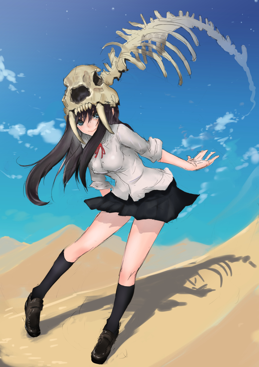 1girl black_hair black_skirt black_socks blue_eyes bone desert dessert female_focus food highres kneehighs loafers long_hair looking_at_viewer miniskirt original re_(tori) school_uniform shadow shoes skirt smile socks solo