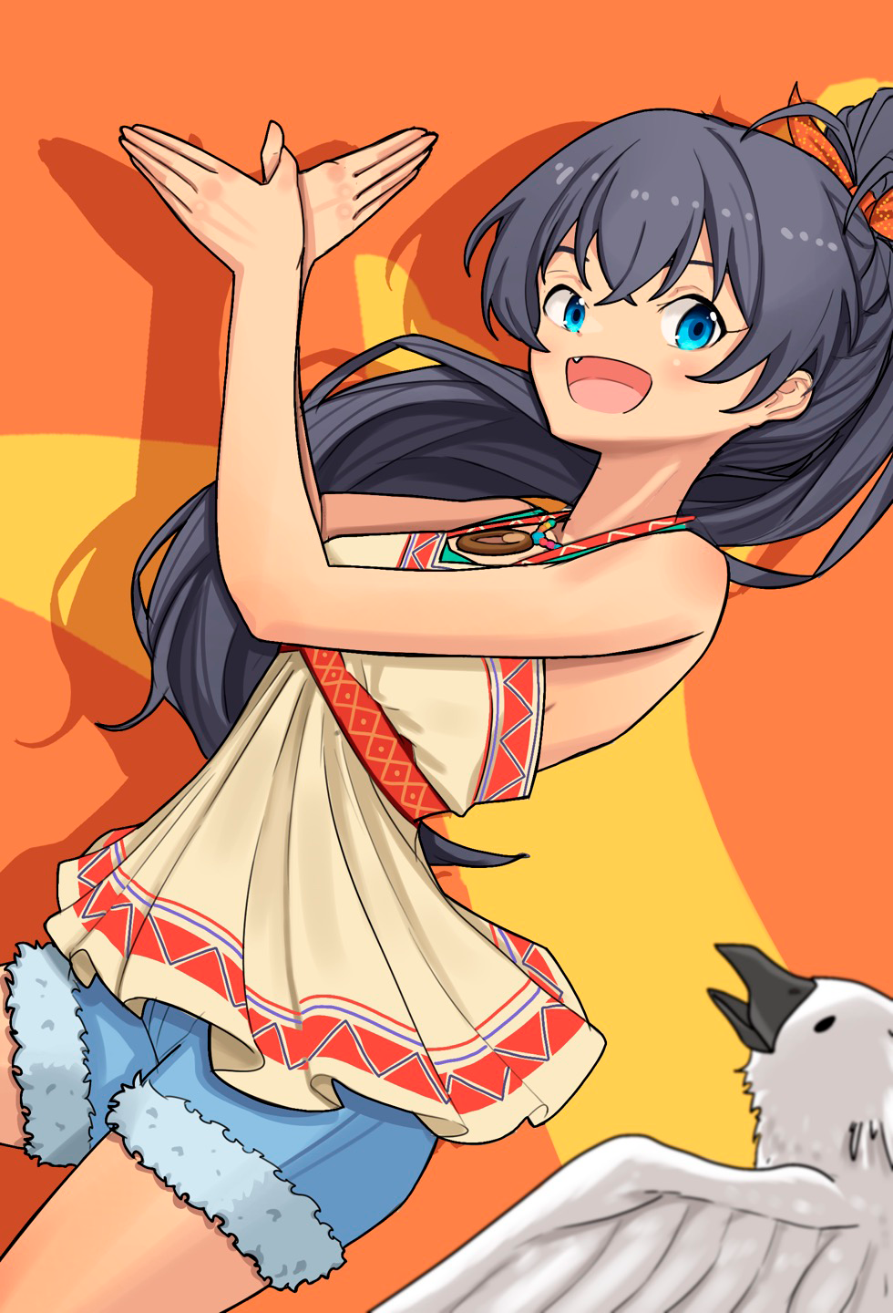 1girl ahoge antenna_hair aqua_eyes armpits bare_shoulders bird black_hair breasts collarbone denim denim_shorts eyelashes fang female_focus from_side ganaha_hibiki hair_between_eyes happy high_ponytail highres horskaman idolmaster idolmaster_(classic) jewelry legs long_hair looking_at_another loose_clothes loose_shirt medium_breasts namco neck necklace open_mouth own_hands_together shadow shirt short_shorts shorts sidelocks sleeveless sleeveless_shirt spaghetti_strap standing tan thighs wide_ponytail