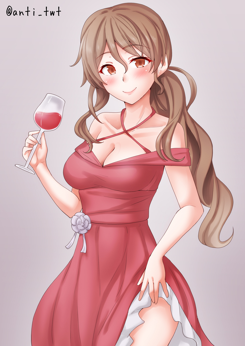 1girl alcohol alternate_costume anti_(untea9) bare_shoulders blush breasts brown_eyes brown_hair cup dress drinking_glass gradient_background high_side_ponytail highres kantai_collection large_breasts littorio_(kancolle) long_hair looking_at_viewer open_mouth purple_background red_dress smile solo strapless strapless_dress twitter_username wavy_hair wine wine_glass