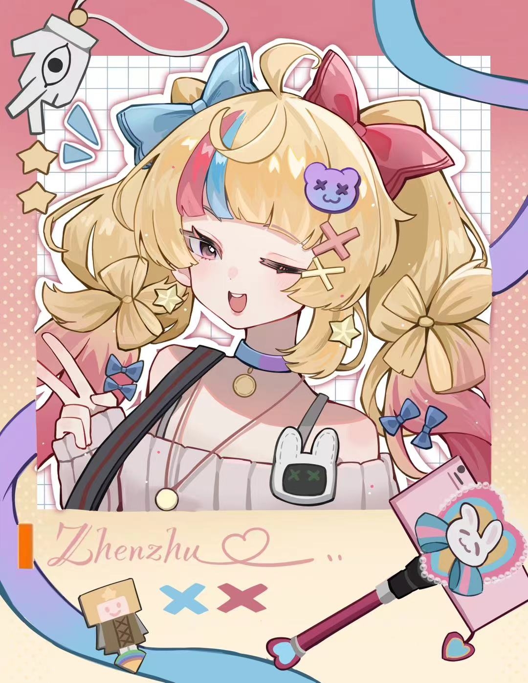 1girl ;d bare_shoulders bear_hair_ornament blonde_hair blue_bow blue_choker blue_hair bow character_name choker elgyuli gradient_background grey_sweater hair_bow hair_ornament hand_up highres medium_hair multicolored_hair off-shoulder_sweater off_shoulder one_eye_closed open_mouth pink_eyes portrait procreate_(medium) red_background red_bow red_hair smile solo star_(symbol) streaked_hair sweater teeth twintails upper_body upper_teeth_only v x_hair_ornament xinyue_tongxing yellow_background zhenzhu_(xinyue_tongxing)