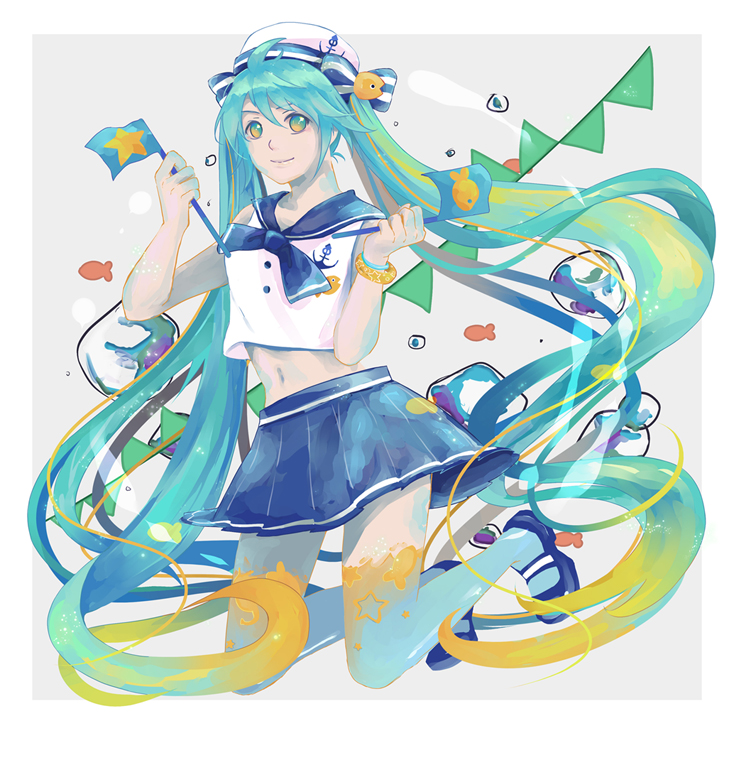 1girl anchor_symbol aqua_eyes aqua_hair blonde_hair border bow bracelet bubble crop_top female_focus fish flag full_body hair_bow hat hatsune_miku holding jewelry long_hair marine_miku midriff miniskirt multicolored_hair navel outside_border pleated_skirt sailor_hat school_uniform serafuku skirt smile solo star_(symbol) twintails two-tone_hair very_long_hair vocaloid white_border wibi yellow_eyes