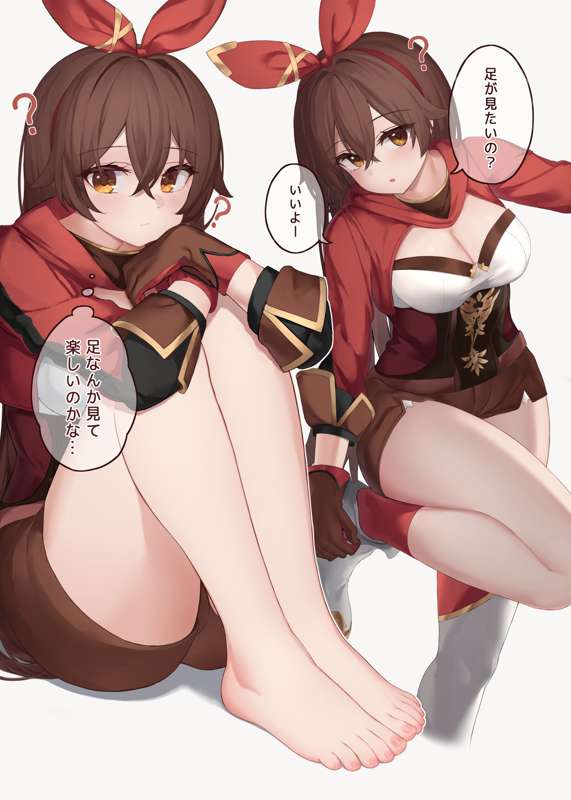 1girl ? amber_(genshin_impact) ayaya_(ayaya_ri) bare_legs barefoot bow breasts brown_eyes brown_gloves brown_shorts censored censored_feet cleavage commentary cropped_legs crossed_bangs fanbox_username feet full_body genshin_impact gloves gold_trim grey_background hair_between_eyes hair_bow hairband hands_on_own_knees hood hood_down knees_up large_breasts legs long_hair long_sleeves looking_at_viewer multiple_views open_mouth paid_reward_available red_bow red_hairband shadow short_shorts shorts simple_background sitting speech_bubble standing standing_on_one_leg thighs thought_bubble toenails toes translated underbust watermark web_address