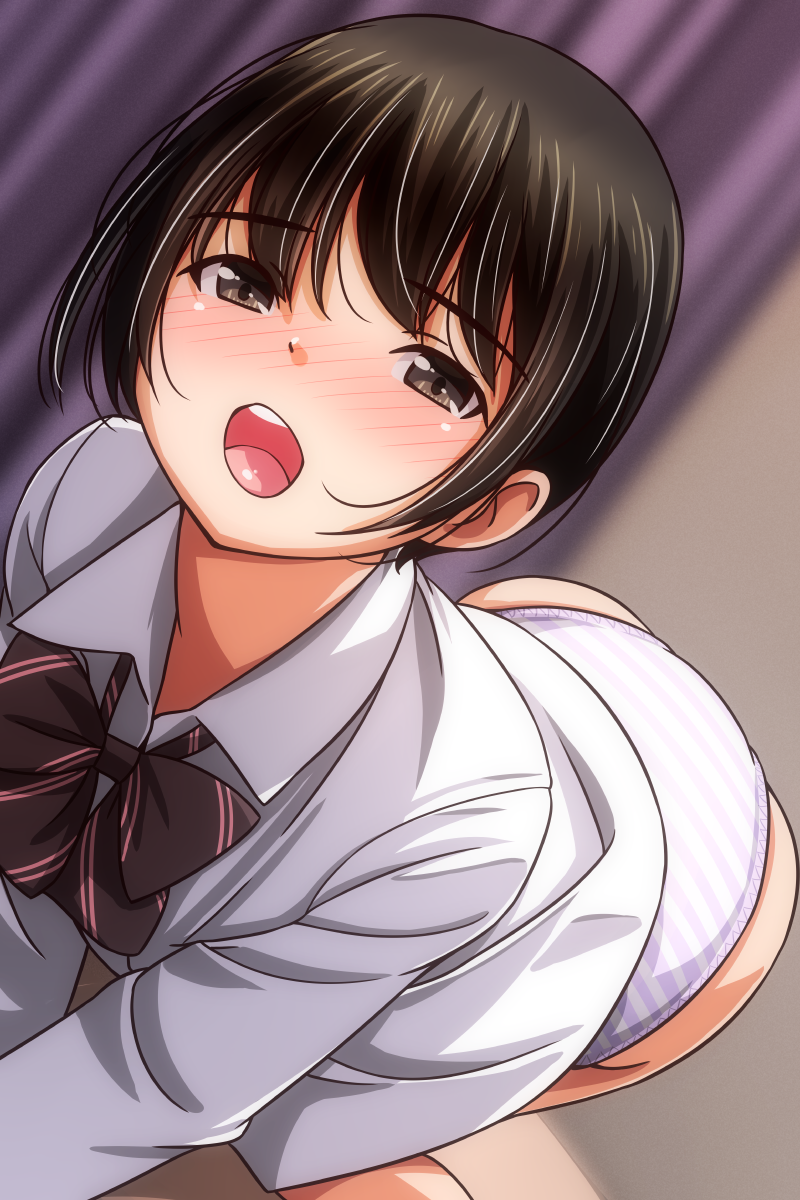 1girl all_fours ass black_hair blush bow bowtie brown_eyes curtains highres long_sleeves looking_at_viewer matsunaga_kouyou open_mouth original panties purple_panties red_bow red_bowtie shirt short_hair striped_bow striped_bowtie striped_clothes striped_panties teeth underwear white_shirt