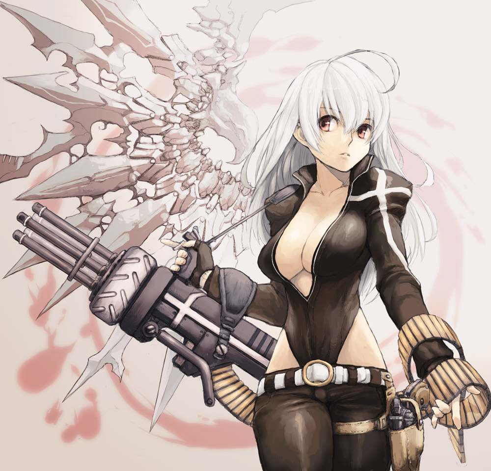 1girl ahoge ammunition_belt breasts cleavage female_focus gatling_gun gun handgun holster long_hair original pota pota_(nabrinko) solo weapon white_hair wings