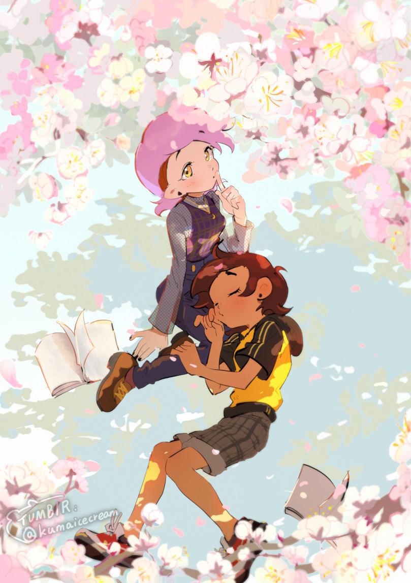 2girls amity_blight book brown_hair cherry_blossoms couple dappled_sunlight dark-skinned_female dark_skin finger_to_mouth kuma20151225 lap_pillow looking_at_viewer luz_noceda multiple_girls open_book pointy_ears purple_hair shade shorts shushing sleeping sunlight the_owl_house yellow_eyes yuri