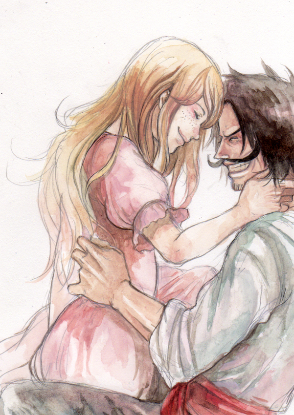 1boy 1girl bad_id bad_pixiv_id blonde_hair chikama_(minka) couple closed_eyes facial_hair freckles gol_d._roger happy hetero hug long_hair mustache one_piece portgas_d._rouge smile