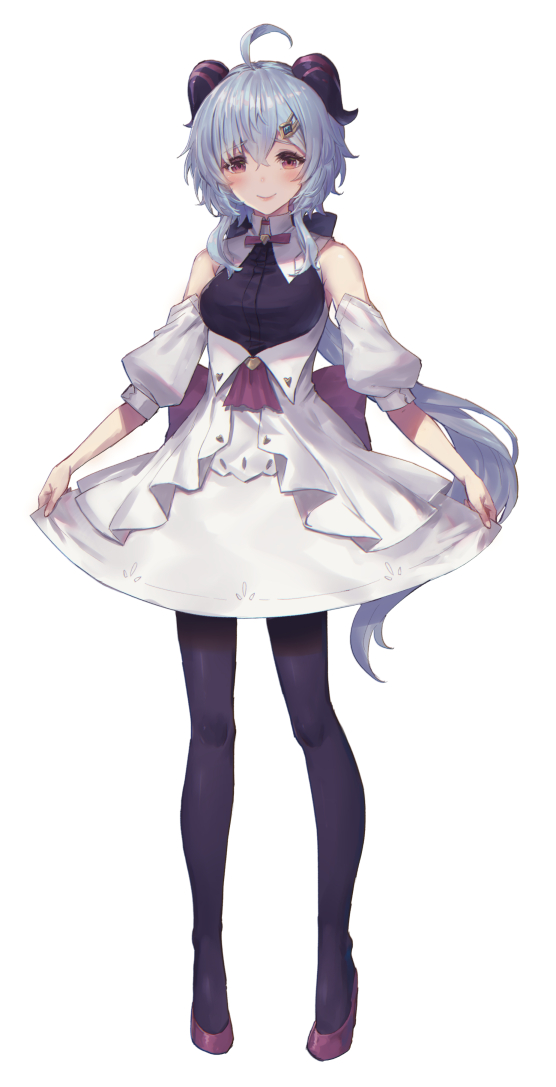 1girl ahoge black_legwear blue_hair blush breasts clothes_lift dress ganyu_(genshin_impact) genshin_impact hair_ornament high_heels horns lifting_own_clothes long_hair looking_at_viewer medium_breasts oukawa_yuu purple_eyes sidelocks skirt skirt_hold skirt_lift smile solo standing white_background white_dress