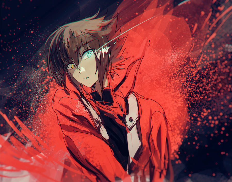 1boy arms_at_sides black_background black_shirt border brown_hair facing_viewer green_eyes heterochromia jacket looking_to_the_side male_focus moribuden open_clothes open_jacket ornate_border popped_collar red_jacket shirt yellow_eyes yu-gi-oh! yu-gi-oh!_gx yuki_judai