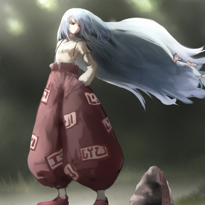 1girl bad_id bad_pixiv_id chirigami-san female_focus fujiwara_no_mokou hair_ribbon hand_in_pocket long_hair looking_back red_eyes ribbon silver_hair solo touhou very_long_hair