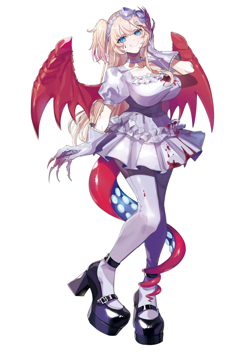 1girl black_footwear blonde_hair blood blood_on_clothes blood_on_gloves blood_on_hands blue_eyes breasts choker cleavage dragon_tail dragon_wings dress frilled_dress frills highres hime_hajime hime_hajime_(2nd_costume) large_breasts long_hair looking_at_viewer official_alternate_costume official_art one_side_up pantyhose puppeteer7777 smile solo tail tail_around_own_leg virtual_youtuber vshijo vshojo white_background white_choker white_dress white_pantyhose wings