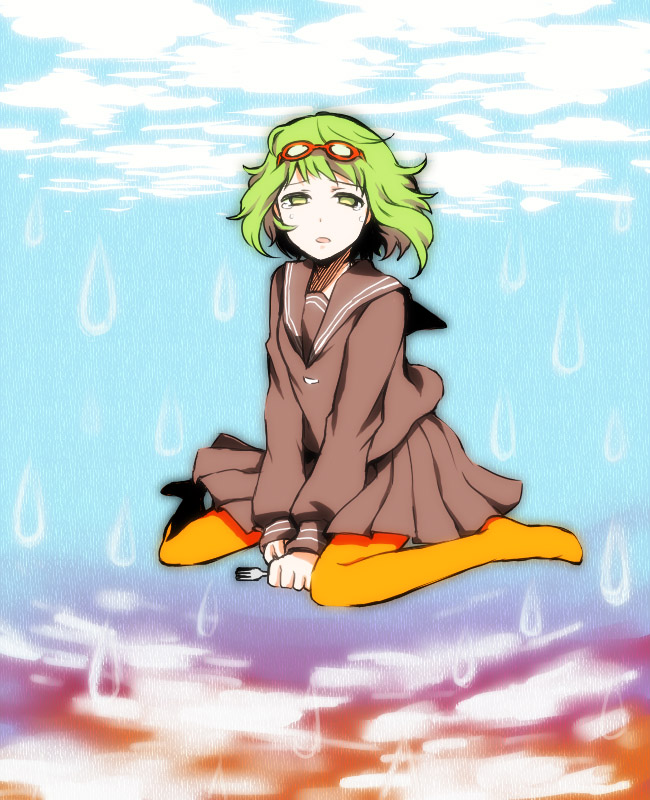 1girl eyewear_on_head feet female_focus fork full_body glasses green_eyes green_hair gumi kca matching_hair/eyes orange_pantyhose outdoors pantyhose school_uniform short_hair sitting sky solo tears vocaloid yowamushi_mont-blanc_(vocaloid)