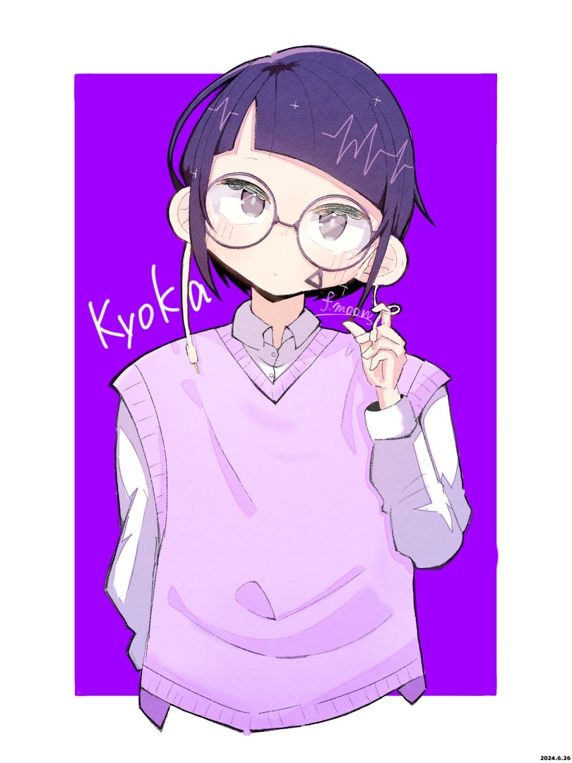 1girl arm_behind_back artist_name audio_jack black_hair blush boku_no_hero_academia character_name dated frillmoon_s glasses jiro_kyoka long_sleeves looking_at_viewer purple_background purple_eyes purple_hair purple_sweater_vest shirt short_hair solo sweater_vest