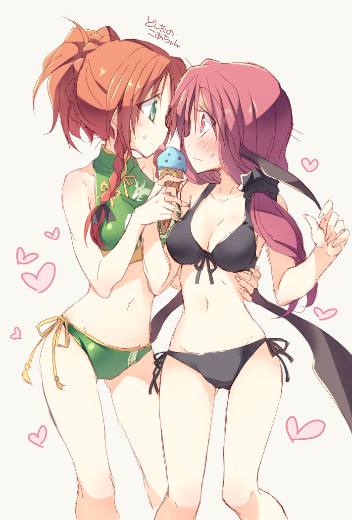 2girls alternate_costume alternate_hairstyle bare_shoulders bat_wings bikini blush bow braid breasts cleavage contrapposto embarrassed eye_contact food front-tie_top green_eyes hair_bow hair_up hand_on_another&#039;s_back heart hong_meiling ice_cream koakuma large_breasts long_hair looking_at_another multiple_girls navel orange_hair red_eyes revision satou_kibi shared_food side-tie_bikini_bottom simple_background sketch standing swimsuit touhou translation_request twin_braids white_background wide-eyed wings yuri