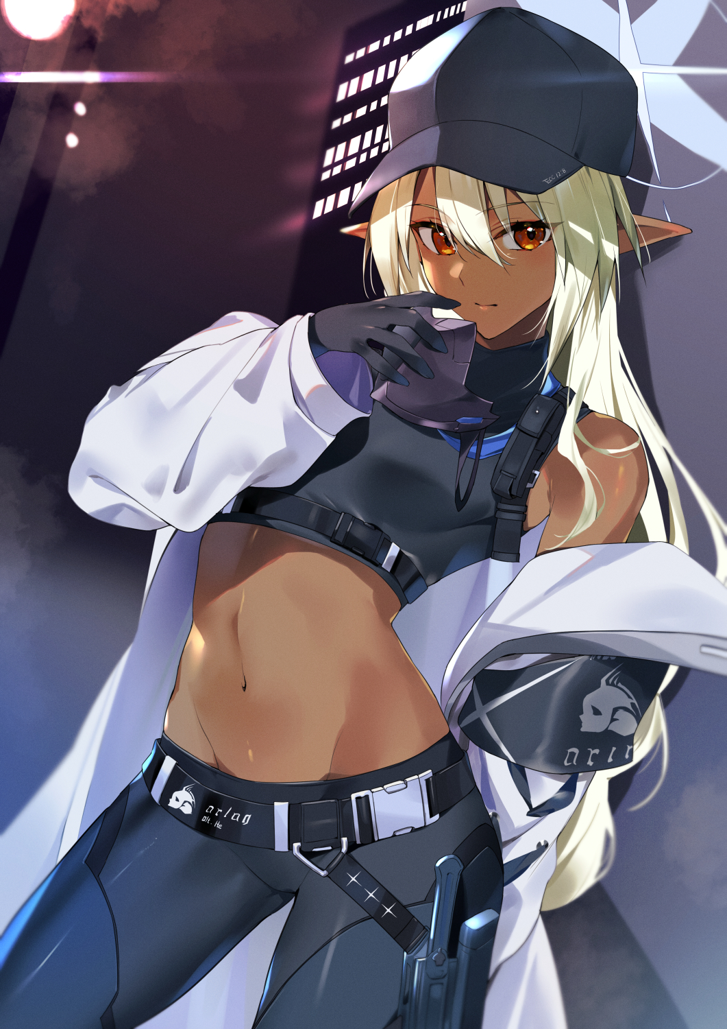 1girl bare_shoulders baseball_cap belt black_gloves black_hat black_pants black_shirt blue_archive contrapposto cosplay cowboy_shot crop_top dark-skinned_female dark_elf dark_skin elf expressionless gloves halo hand_up hat highres holding holding_mask jacket kasumi_komo long_hair long_sleeves looking_at_viewer mask midriff navel off_shoulder open_clothes open_jacket pants pointy_ears sansei_muramasa saori_(blue_archive) saori_(blue_archive)_(cosplay) scabbard sheath shirt sleeveless sleeveless_shirt solo soukou_akki_muramasa standing stomach unworn_mask very_long_hair white_hair white_jacket