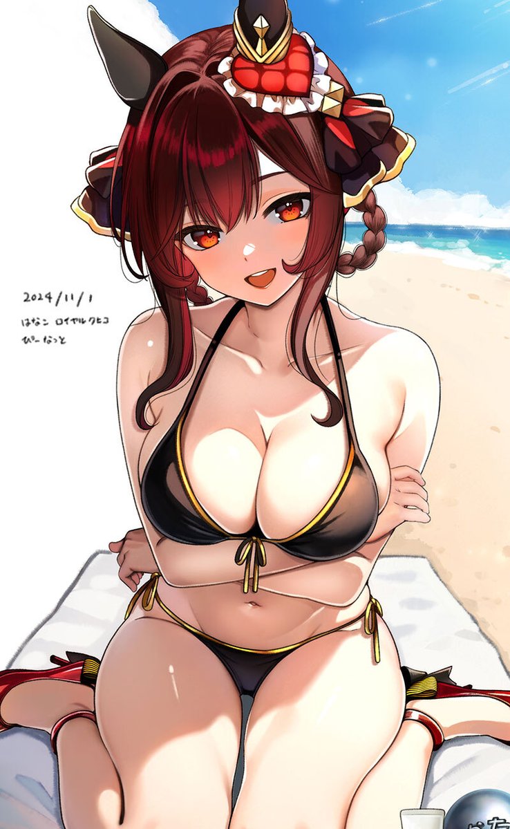 1girl animal_ears beach beach_mat bikini black_bikini braid braided_hair_rings breasts brown_hair cleavage collarbone commentary_request commission dated gentildonna_(umamusume) hair_rings hanako_(peanut) heart_ear_ornament horse_ears horse_girl large_breasts long_hair looking_at_viewer navel outdoors red_eyes simple_background sitting skeb_commission smile solo stomach swimsuit teeth thighs umamusume upper_teeth_only wariza