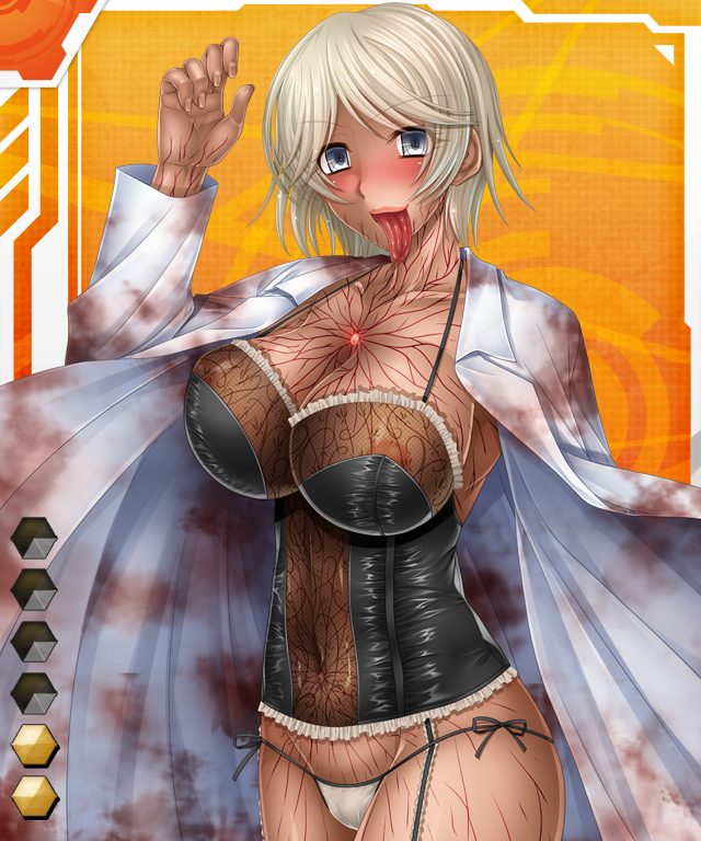 00s 1girl aikawa_arisa blonde_hair breasts card_(medium) card_(orange-r) card_(r) cleavage corruption lab_coat large_breasts lilith-soft looking_at_viewer mary_mengele taimanin_(series) taimanin_asagi taimanin_asagi_battle_arena_all_card_gallery taimanin_asagi_kessen_arena tongue tongue_out