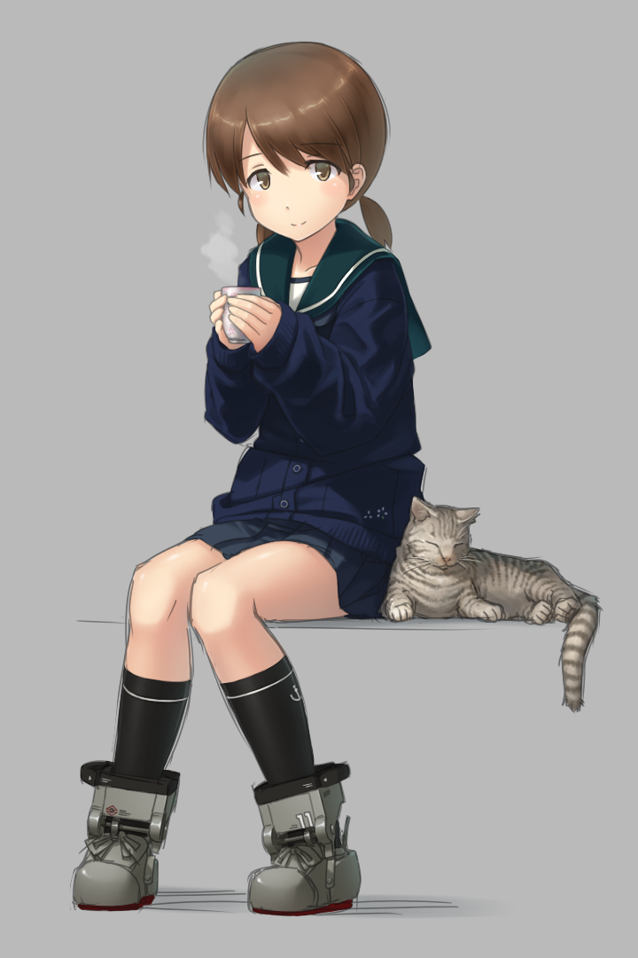 10s 1girl black_socks blue_skirt blush brown_eyes brown_hair cat cup hayashi_naoharu hayashi_naoji kantai_collection kneehighs looking_at_viewer low_twintails pleated_skirt sailor_collar school_uniform serafuku shirayuki_(kancolle) short_twintails simple_background sitting skirt smile socks teacup twintails winter_clothes