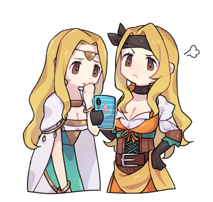 2girls anachronism belt belt_buckle blonde_hair breasts brigid_(fire_emblem) brown_eyes buckle circlet cleavage closed_mouth dress edain_(fire_emblem) fire_emblem fire_emblem:_genealogy_of_the_holy_war gloves haconeri hand_on_own_hip headband jewelry long_hair multiple_girls nintendo phone siblings simple_background sisters twins