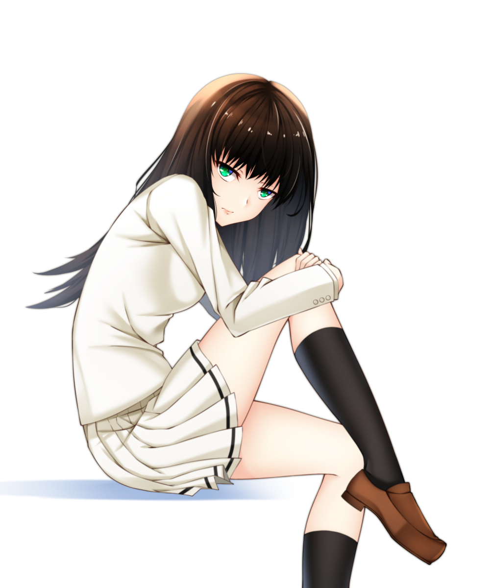 1girl black_socks blazer brown_footwear brown_hair closed_mouth female_focus from_side green_eyes healther highres innocent_grey jacket kara_no_shoujo kneehighs kuchiki_touko loafers long_hair long_sleeves looking_at_viewer pleated_skirt shoes simple_background sitting skirt socks solo white_background