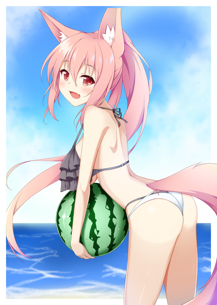 1girl animal_ears ass bikini blue_sky blush breasts cloud cloudy_sky fang food fox_ears fox_tail frilled_bikini frills fruit highres holding holding_food holding_fruit holding_watermelon kazamatsuri_kazari large_breasts long_hair looking_at_viewer looking_to_the_side mizuki_(kogetsu-tei) ocean open_mouth original outdoors pink_hair red_eyes skin_fang sky solo swimsuit tail very_long_hair watermelon